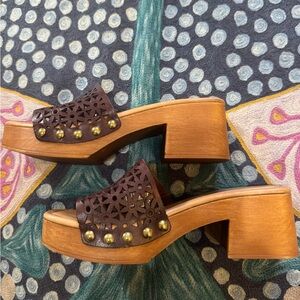 Anthropologie Brown Leather Mules with Gold Accents